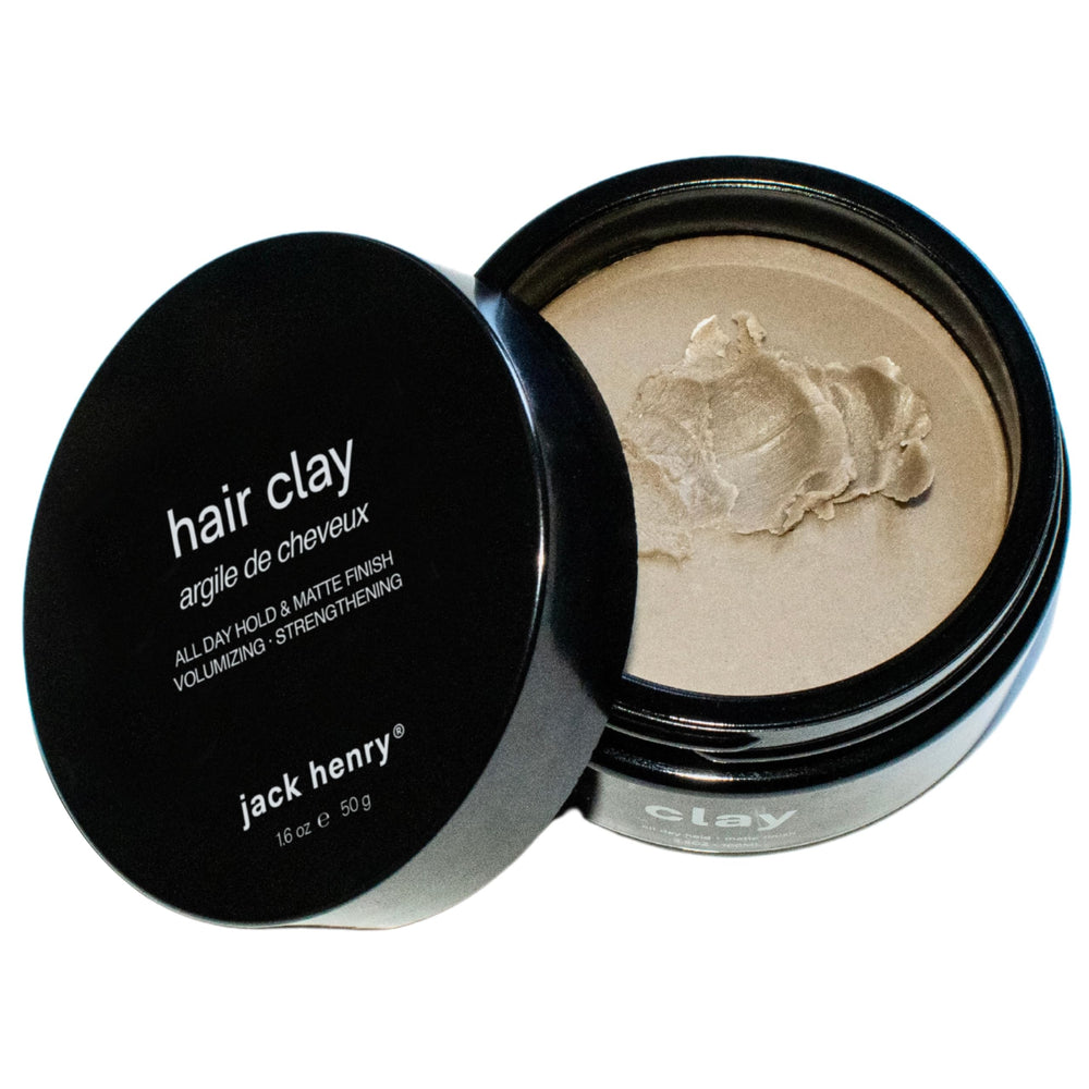 Jack Henry Premium Hair Clay front jar displays matte finish for all-day hold.