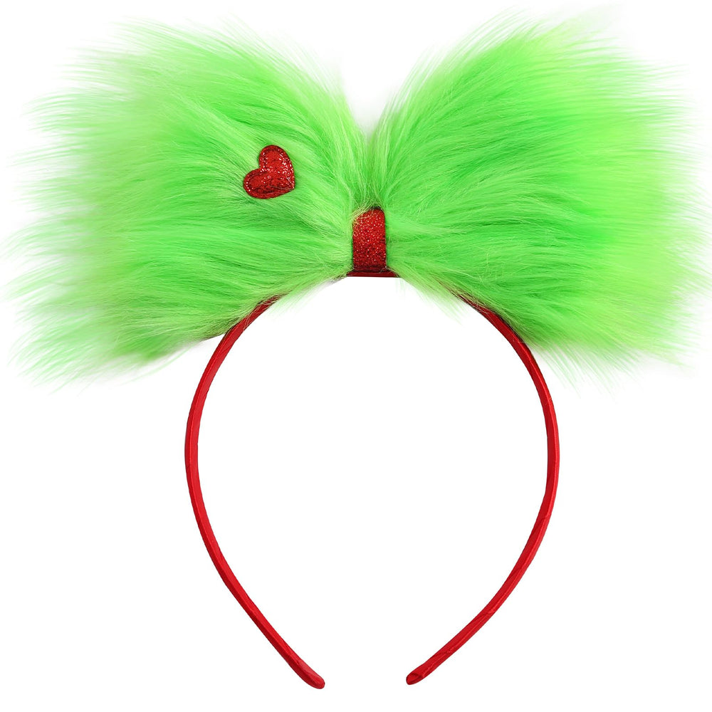 JiaDuo large green furry bow headband front view for festive, standout Christmas style