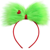JiaDuo large green furry bow headband front view for festive, standout Christmas style