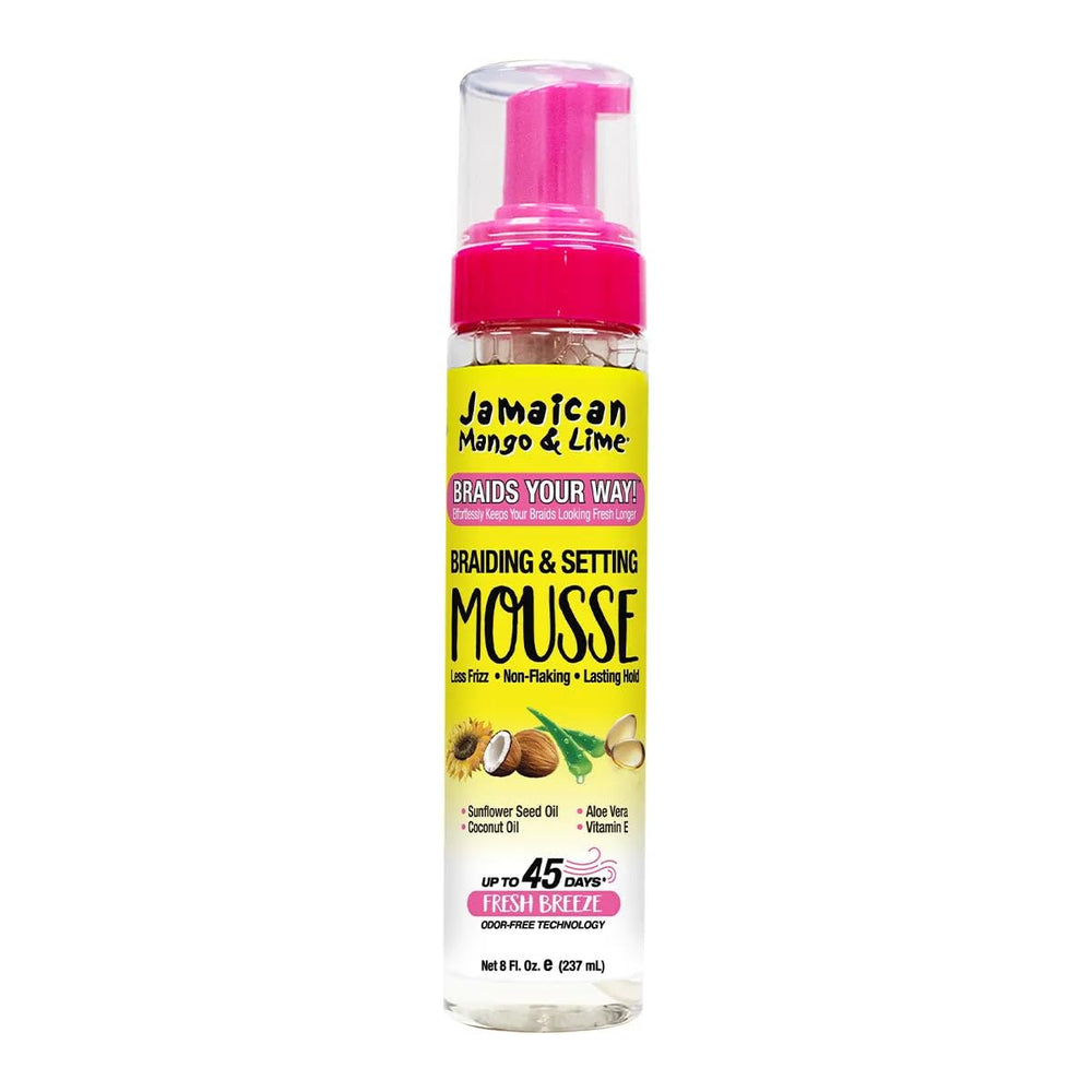 Jamaican Mango & Lime Braids Your Way mousse bottle closeup shows long-lasting hold.