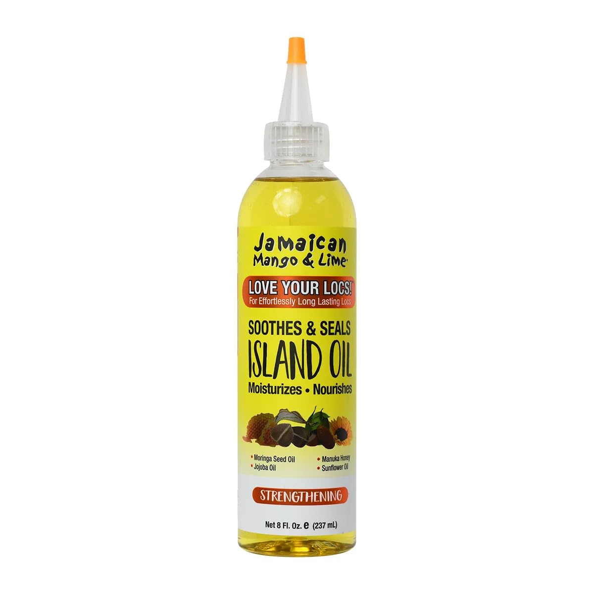 Jamaican Mango & Lime Love Your Locs Island Oil bottle close-up for lightweight hydration.