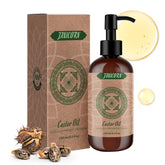 JANICORN castor oil bottle closeup, pure and hexane-free for skin and hair care