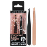 JAPONESQUE Power Duo tweezers in rose gold slant closeup for precise brow shaping.