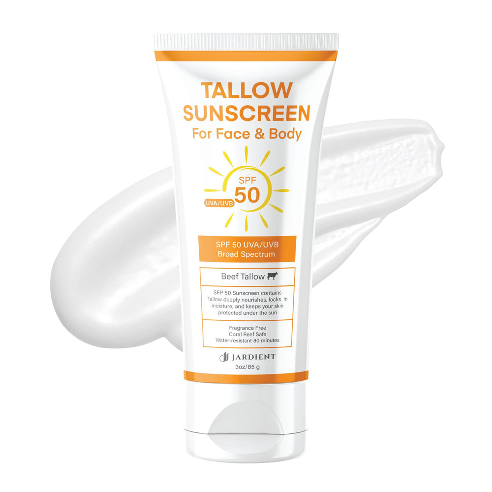 Jardient Beef Tallow Sunscreen SPF50 bottle shows mineral protection with a non-greasy finish