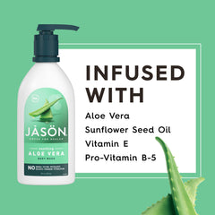 JASON Aloe Vera Shower Gel closeup-ingredients emphasizes vitamin E and pro-vitamin B5.