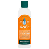Jason Dandruff Relief 2-in-1 bottle illustrates medicated formula for clean scalp and manageable hair.