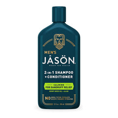 Jason Men's Calming 2-in-1 Shampoo and Conditioner bottle—soothing cleanse for dry scalp.