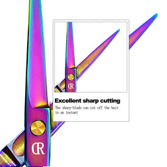 JAVENPROLIU Rainbow hair scissors kit with included combs and accessories.