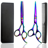 JAVENPROLIU Rainbow hair cutting shears set with rainbow handles for precise professional cuts.
