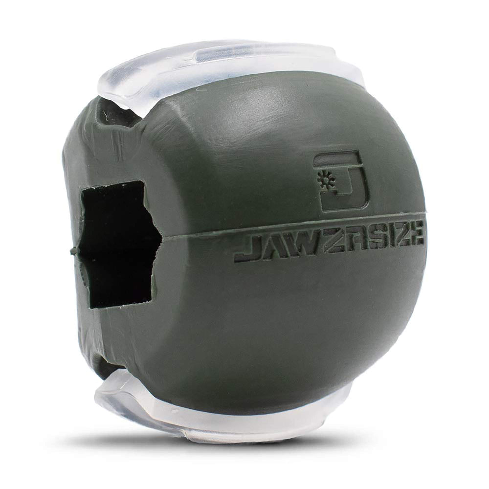 Jawzrsize jaw exerciser green packshot highlights compact design for daily jawline workouts.