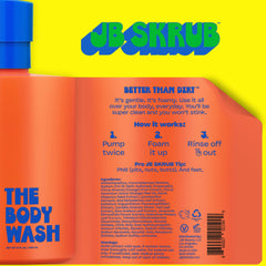 JB SKRUB body wash pump-action bottle demonstrating mess-free dispensing for active kids.