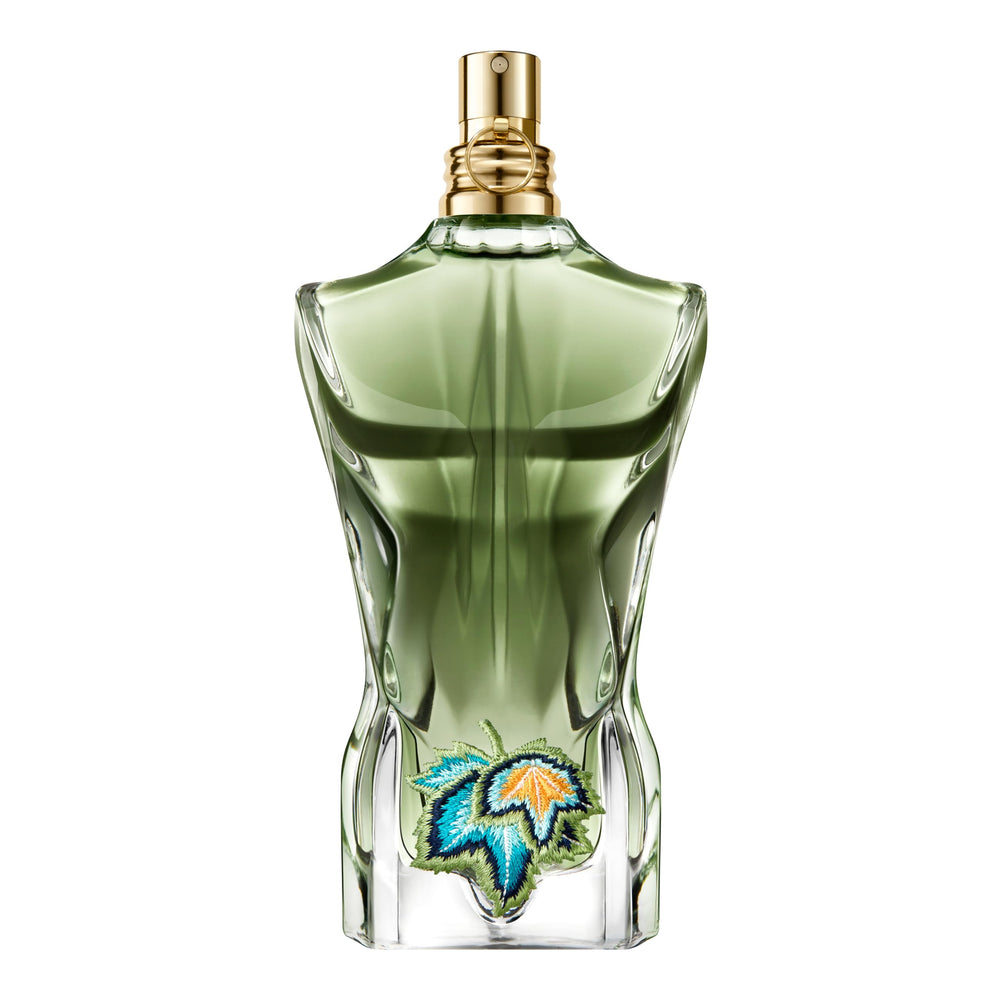 Jean Paul Gaultier Le Beau Paradise Garden bottle closeup showcasing tropical notes for summer wear