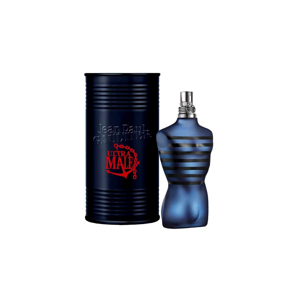 Jean Paul Gaultier Ultra Male bottle torso in dark blue with bold stripes, conveys a strong presence.