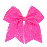 Jeffan 8-inch bright pink sequin cheer bow front view adds vibrant sparkle for team performances