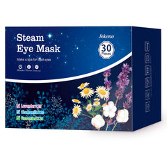 Jekeno Steam Eye Mask packaging demonstrates a compact, self-heating sleep aid for travelers.