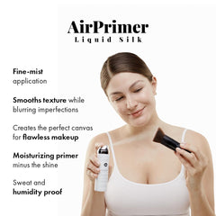 MagicMinerals LiquidSilk Air Primer mist applying to skin for smoothing