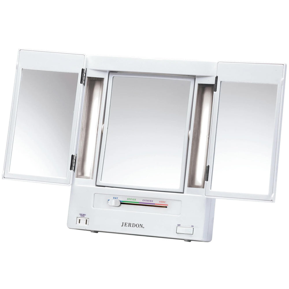 JERDON Tri-Fold Makeup Mirror with Lights, 5X magnification for precise tweezing.