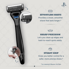 Jeremy's Razors for Men lubricating strip with argan oil and aloe for smooth glide.