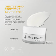 JESS BEAUTY Coffee Break Eye Cream application spot demonstrating gentle under-eye use.