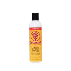 Jessicurl Gentle Lather Shampoo bottle showcases a sulfate-free cleanser for color-treated or sensitive hair.