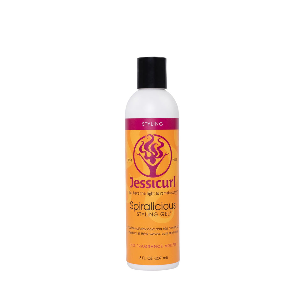 Jessicurl Spiralicious Gel bottle front showing fragrance-free, curl-defining hold.
