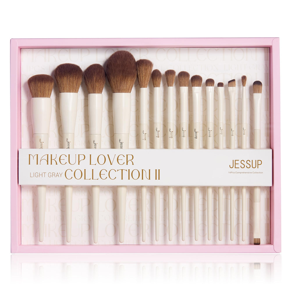 Jessup 14-piece makeup brush set closeup shows premium soft bristles for smooth application.