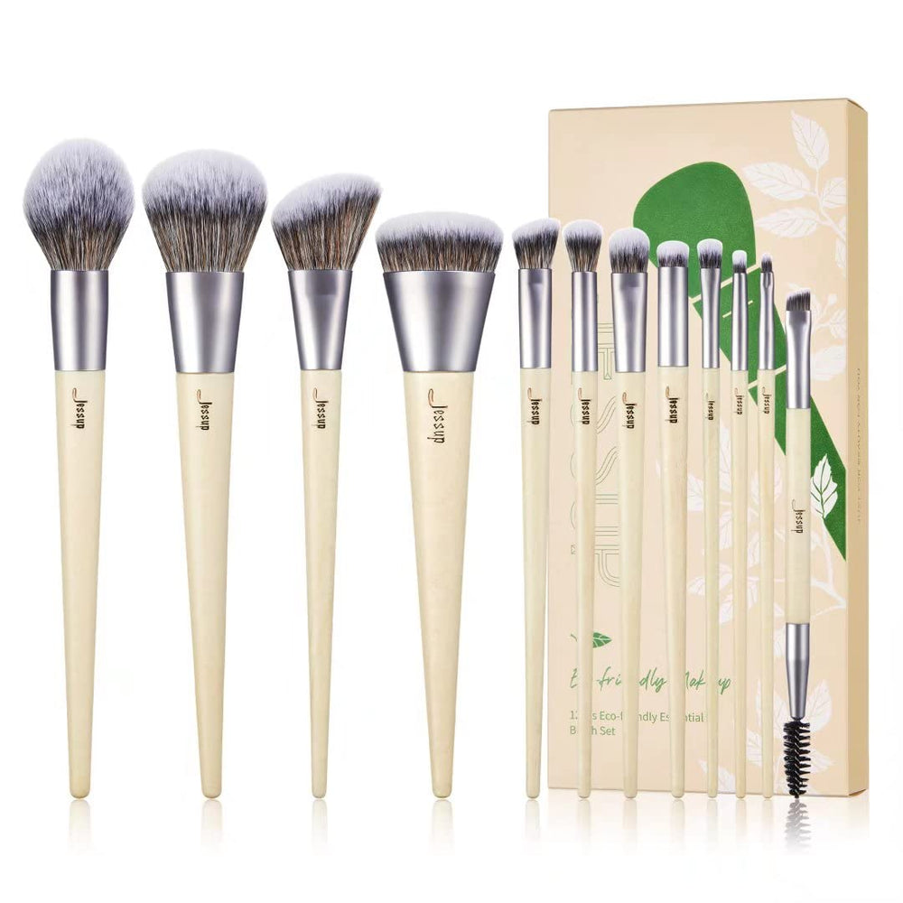 Jessup vegan makeup brush set 12pcs packaging close-up for premium quality.