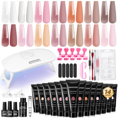 JEWHITENY poly-extension gel kit with 14 colors and a compact mini lamp for home manicures.