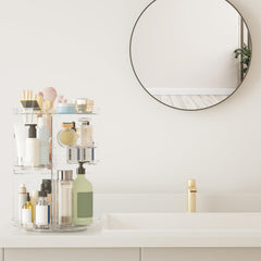 Jiavarry rotating makeup organizer side angle demonstrates compact, space-saving vanity storage.