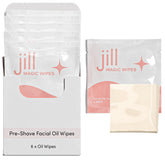 JILL Magic Wipes pack overview showing six travel-ready pre-shave oil wipes for easy prep.