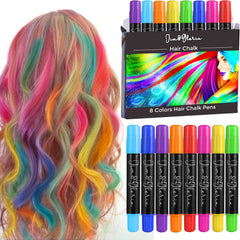 Jim&Gloria dustless hair chalk packaging shows eight vibrant colors for easy styling.