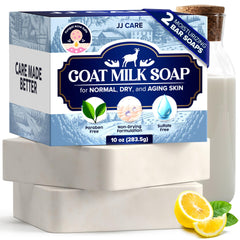 JJ CARE Goat Milk Soap bar close-up highlighting creamy texture for gentle cleansing and hydration.
