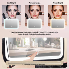 JJhxr LED mirror close-up highlighting color temperature options for precise makeup.