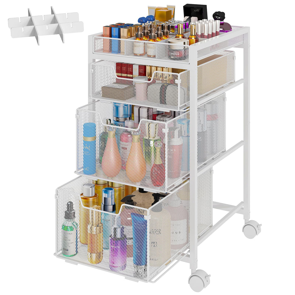 JKsmart rolling makeup cart with 3 drawers for organized cosmetics.