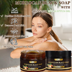 Joanssore Moroccan Black Soap with exfoliating glove included highlighting at-home Hammam use