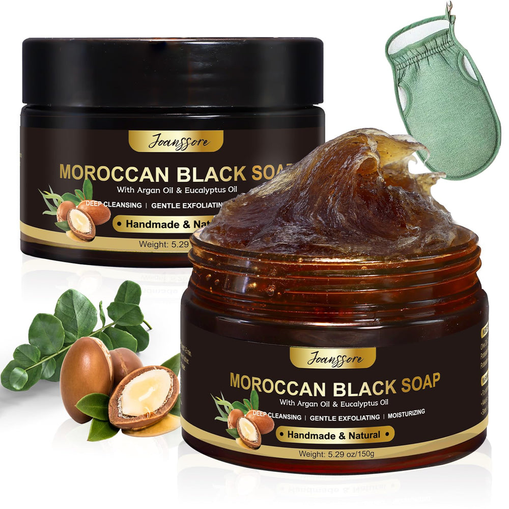 Joanssore two-pack Moroccan Black Soap Hammam showing packaging and two bars for daily cleansing benefits