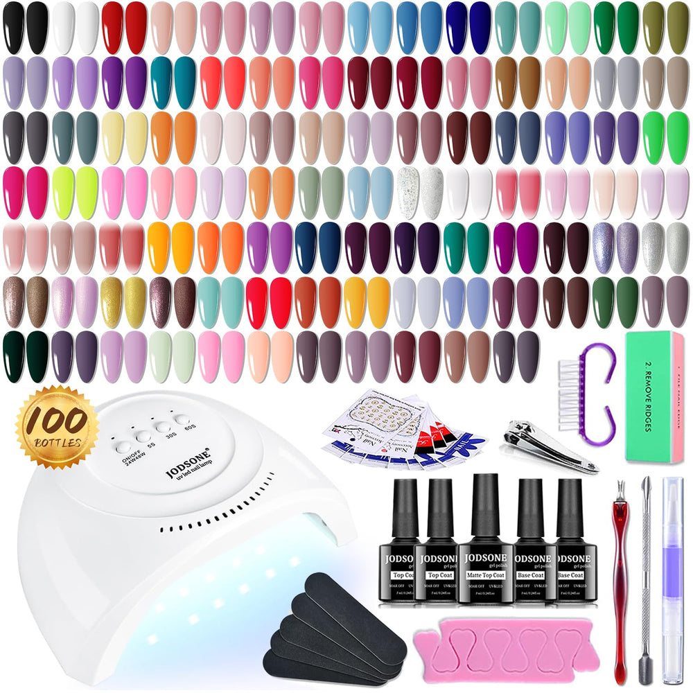 JODSONE 100-bottle gel polish kit color palette offers glossy hues for versatile manicures.
