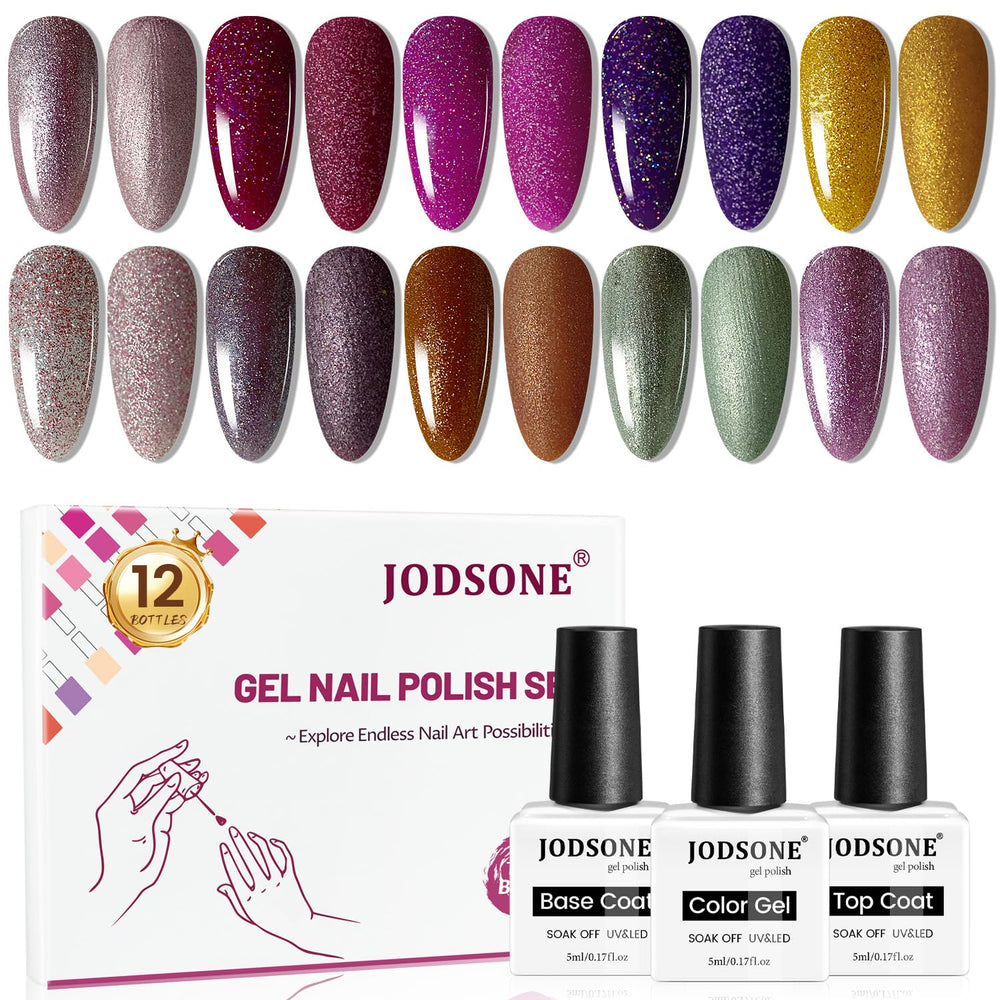 JODSONE 12-bottle gel nail set in front view for versatile at-home manicures.
