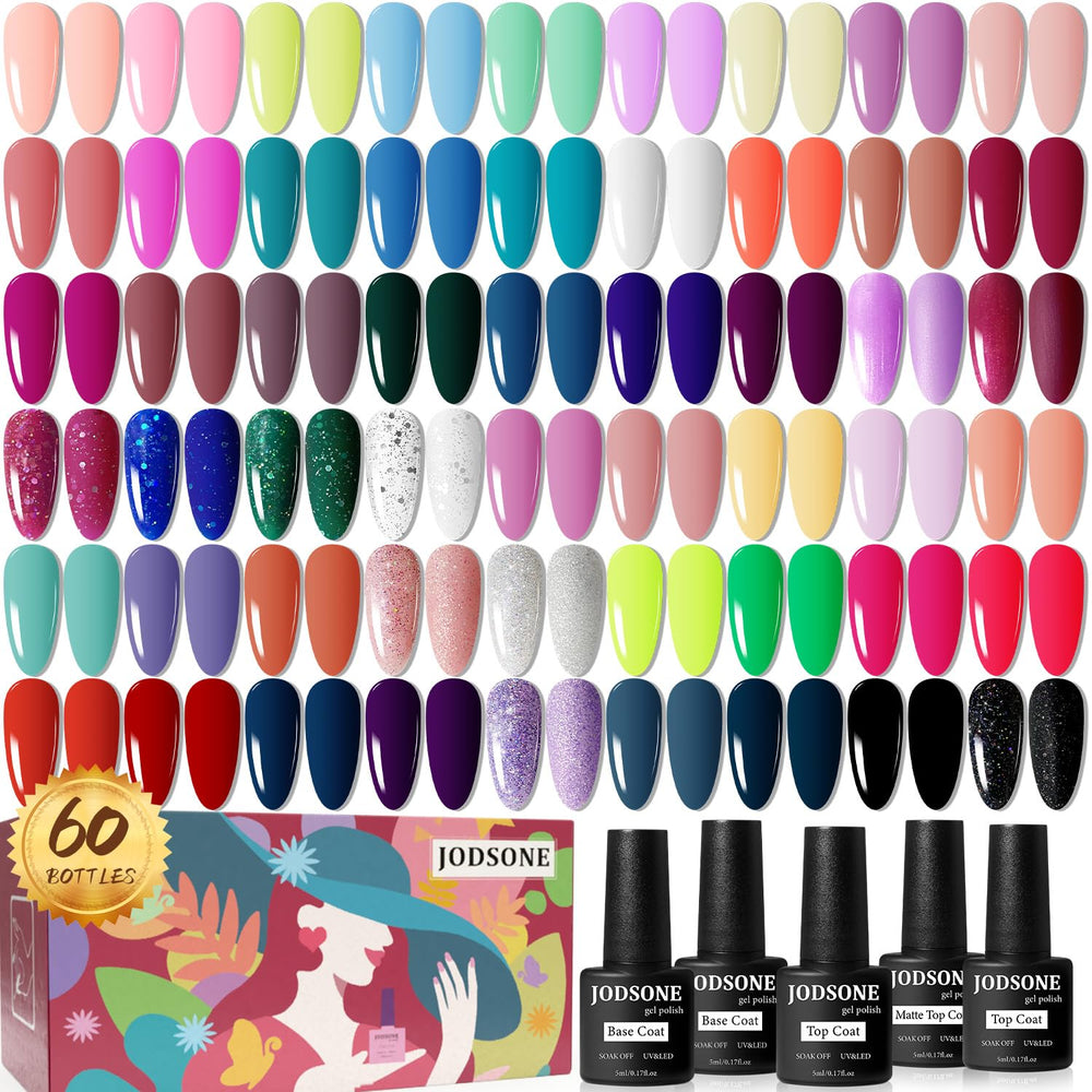 JODSONE starter kit: 55 gel colors displayed for versatile at-home manicures and color variety.