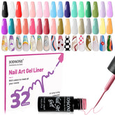 JODSONE 32-color gel liner set front view showcases vibrant pigments for precise nail art.
