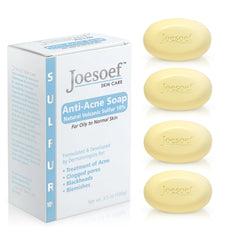 JOESOEF sulfur soap 4-pack bottle for easy daily acne-prone skin cleansing.