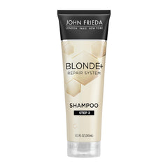 John Frieda Blonde+ Repair shampoo bottle front highlights bond-building for stronger blonde hair