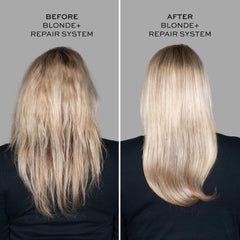 John Frieda Blonde+ Repair shampoo pouring action demonstrates quick cleansing for damaged blonde hair