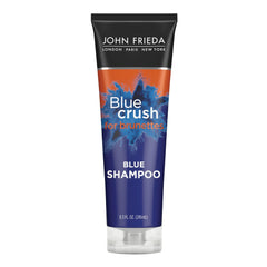 John Frieda Blue Crush Shampoo bottle suggests color correction for brunettes