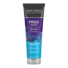 John Frieda Dream Curls Shampoo bottle shows frizz-fighting formula for defined curls