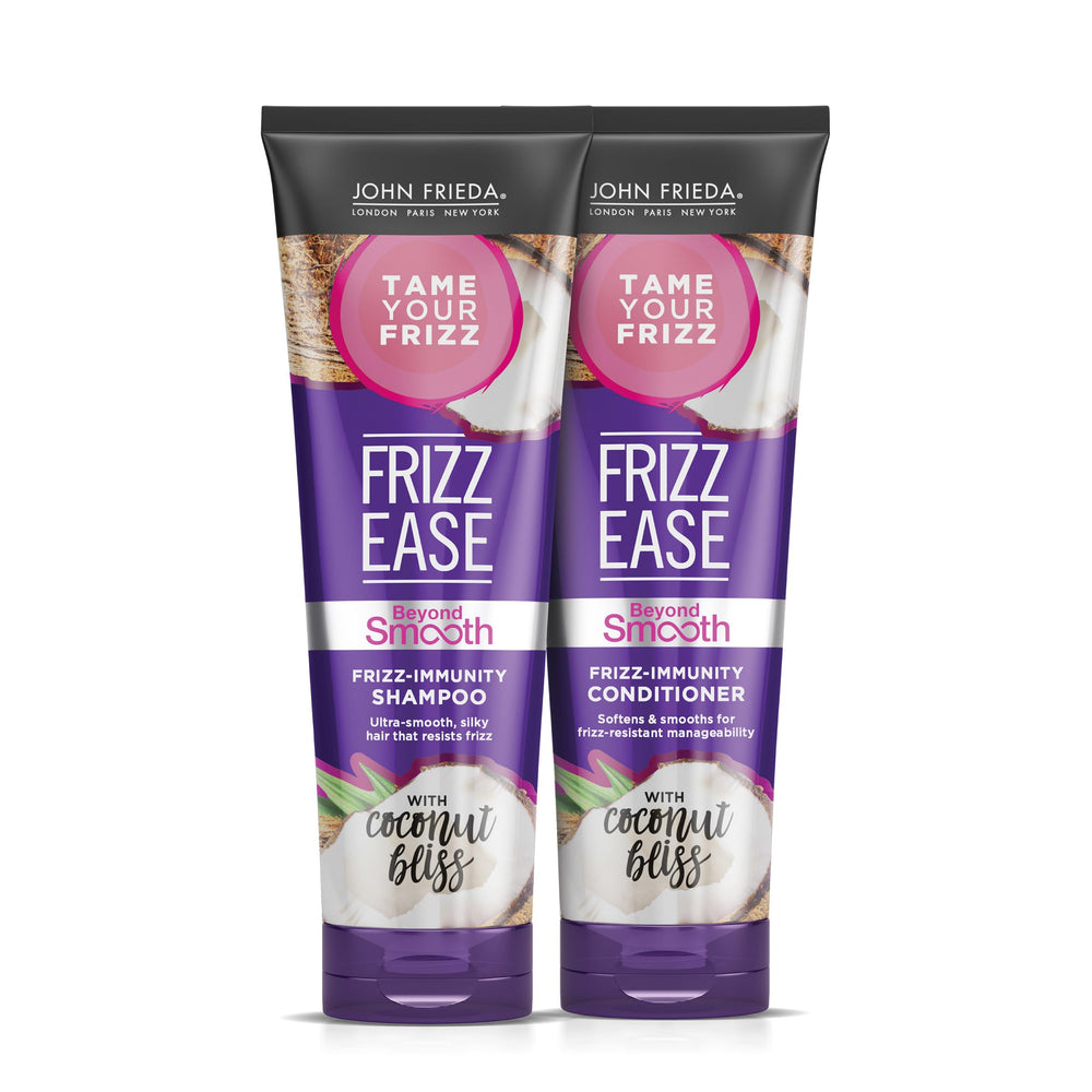 John Frieda Frizz Ease Beyond Smooth Shampoo bottle shows frizz immunity in humidity