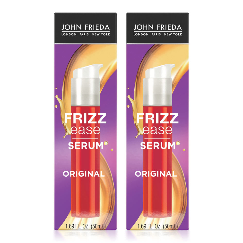 John Frieda Frizz Ease Original Hair Serum bottle closeup showing frizz reduction and shine.