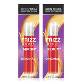 John Frieda Frizz Ease Original Hair Serum bottle closeup showing frizz reduction and shine.
