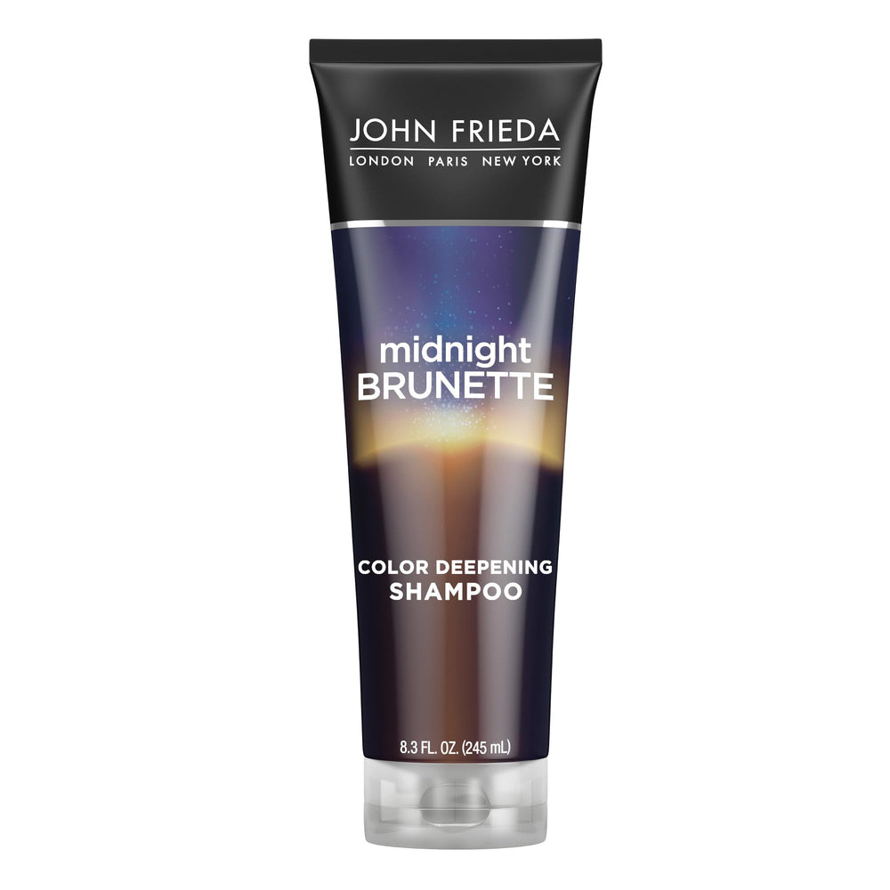 John Frieda Midnight Brunette shampoo bottle shows color-deepening formula for brunettes.