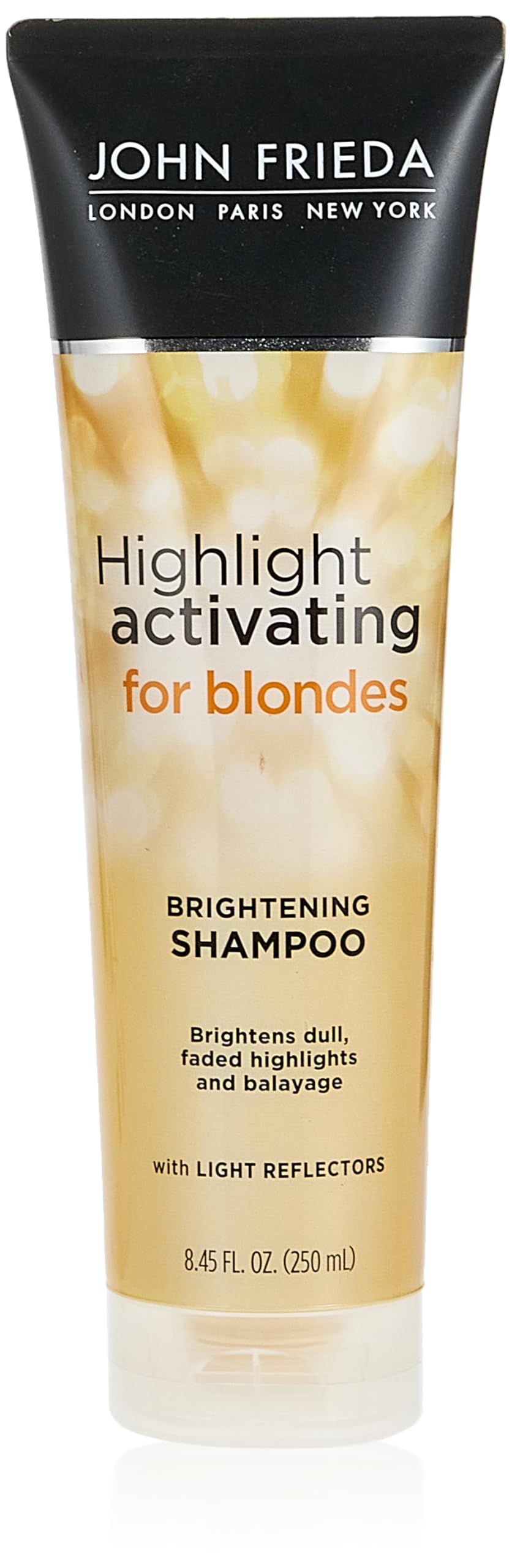John Frieda Sheer Blonde Highlight Activating Shampoo bottle showcases brightness for lighter blondes